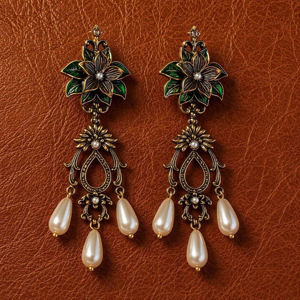 Medieval Antique Earrings Flower Pearl Leaf Boho Gold Court VTG Stud Retro Petal